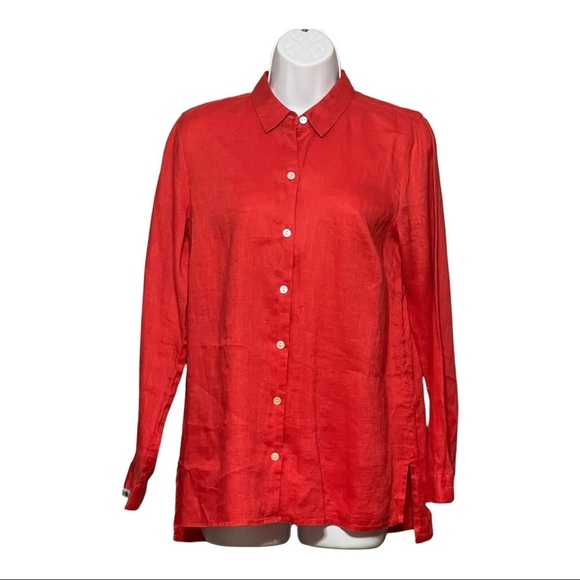J. Jill Tops - J.Jill Linen Button Down Shirt Red Relaxed Fit Long Sleeve Coastal Smart Casual